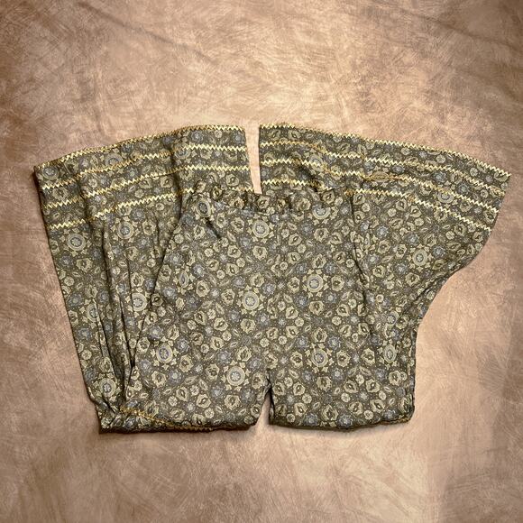 Vintage 70s High Rise Wide Leg Cropped Floral Print Bell Bottom Flare Pants Boho - Picture 9 of 10